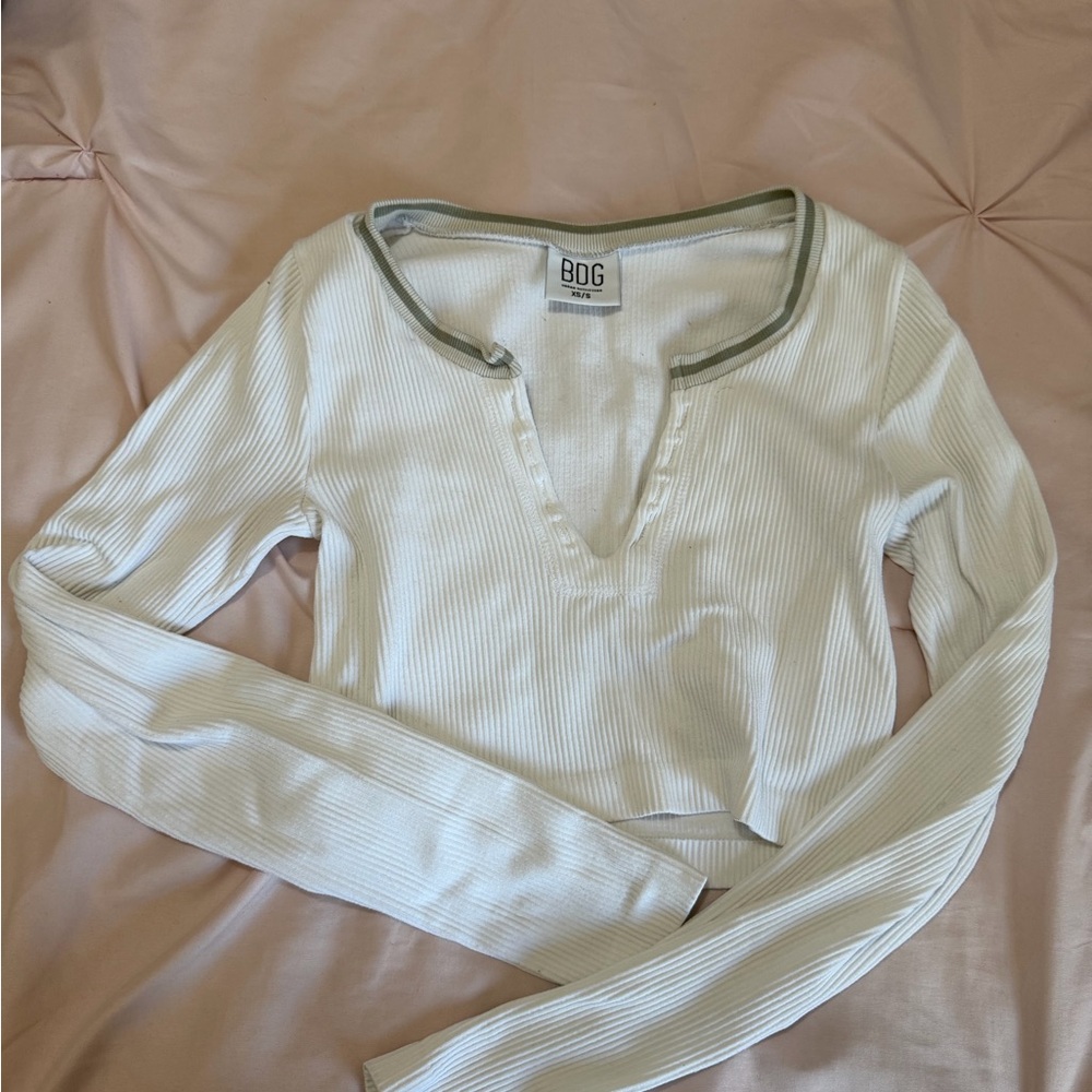 BDG White Ribbed Long-Sleeve Top with Grey Trim